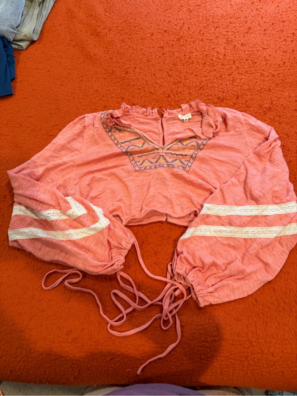 Peach Pink Cropped Boho Peasant Top with Embroidered Yoke